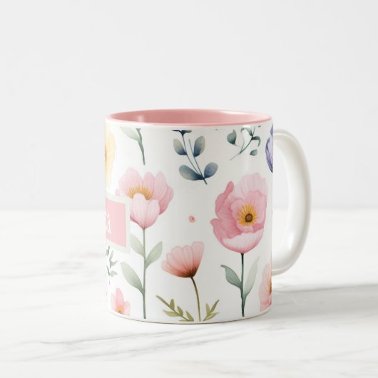 Gepersonaliseerde bloemnaam tweekleurige koffiemok (Voorkant rechts)