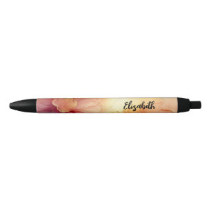 Gepersonaliseerde Bloemperzik & Gouden Alcohol Ink Zwarte Inkt Pen