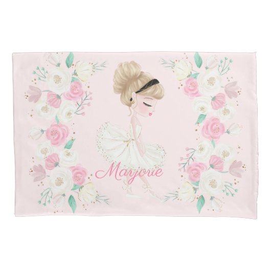 Gepersonaliseerde Blonde Ballerina Pink Floral Kussensloop (Voorkant)