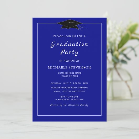 Gepersonaliseerde Blue Afstuderen Invitation Sjabl (Staand voorkant)