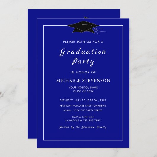 Gepersonaliseerde Blue Afstuderen Invitation Sjabl (Voorkant / Achterkant)