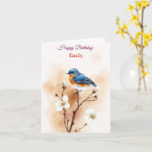 Gepersonaliseerde Blue Bird Flowers Waterverf verj Kaart (Gele Bloem)