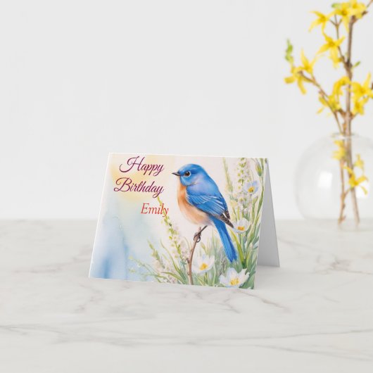 Gepersonaliseerde Blue Bird Flowers Waterverf verj Kaart (Gele Bloem)