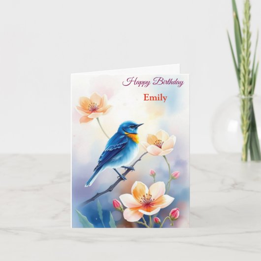 Gepersonaliseerde Blue Bird Flowers Waterverf verj Kaart (Voorkant)