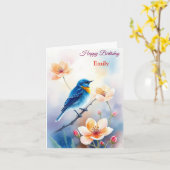 Gepersonaliseerde Blue Bird Flowers Waterverf verj Kaart (Gele Bloem)