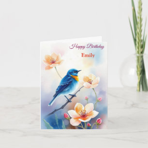 Gepersonaliseerde Blue Bird Flowers Waterverf verj Kaart