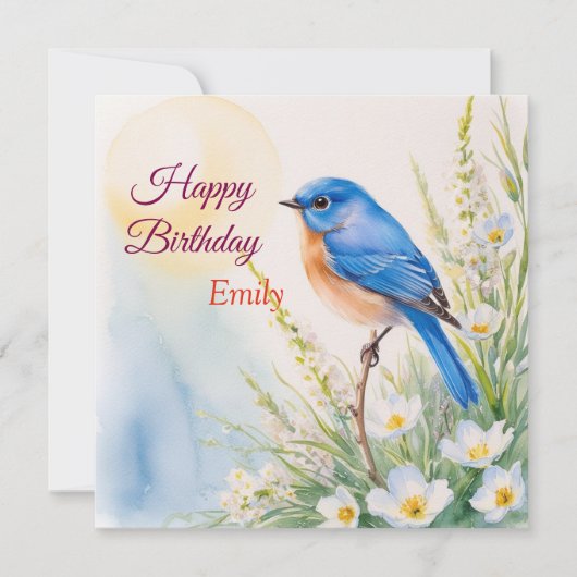 Gepersonaliseerde Blue Bird Flowers Waterverf verj Kaart (Voorkant)
