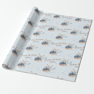 Gepersonaliseerde Blue Birthday Waterverf Helikopt Cadeaupapier
