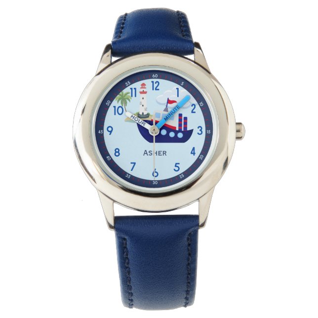 Gepersonaliseerde Blue Boat Leer De Tijd Te Vertel Horloge (Voorkant)