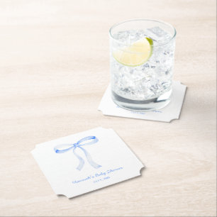 Gepersonaliseerde Blue Bow Baby shower Waterverf Kartonnen Onderzetters