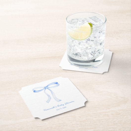 Gepersonaliseerde Blue Bow Baby shower Waterverf Kartonnen Onderzetters (Insitu)
