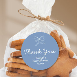 Gepersonaliseerde Blue Bow Ribbon Baby shower Favo Ronde Sticker