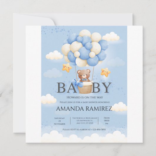 Gepersonaliseerde Blue & Cream Elephant Baby showe Save The Date (Voorkant)