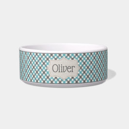 Gepersonaliseerde Blue en Grey Plaid Pet Bowl Voerbakje