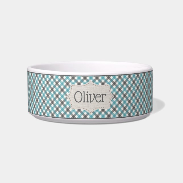 Gepersonaliseerde Blue en Grey Plaid Pet Bowl Voerbakje (Voorkant)