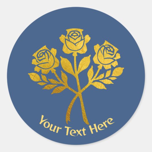 Gepersonaliseerde Blue Faux Gold Floral Garden Roz Ronde Sticker (Voorkant)