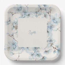 Gepersonaliseerde Blue Floral Cream Baby shower Papieren Bordje