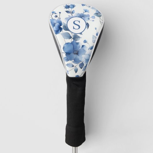 Gepersonaliseerde Blue Floral Waterverf Golfheadcover (Voorkant)