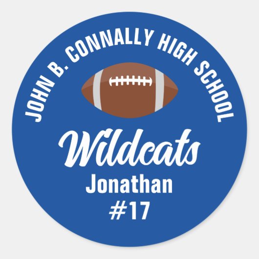 Gepersonaliseerde Blue Football Player High School Ronde Sticker (Voorkant)