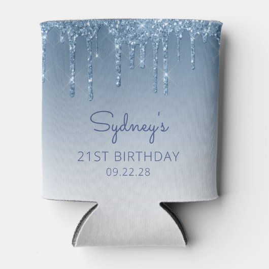 Gepersonaliseerde Blue Glitter Drip 21ste Verjaard Blikjeskoeler (Voorkant)