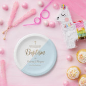 Gepersonaliseerde Blue Gold Cross Baby doop Papieren Bordje (Feest)