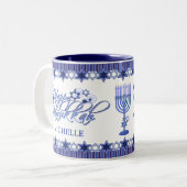 Gepersonaliseerde Blue Happy Chanoeka Star Tweekleurige Koffiemok (Voorkant links)