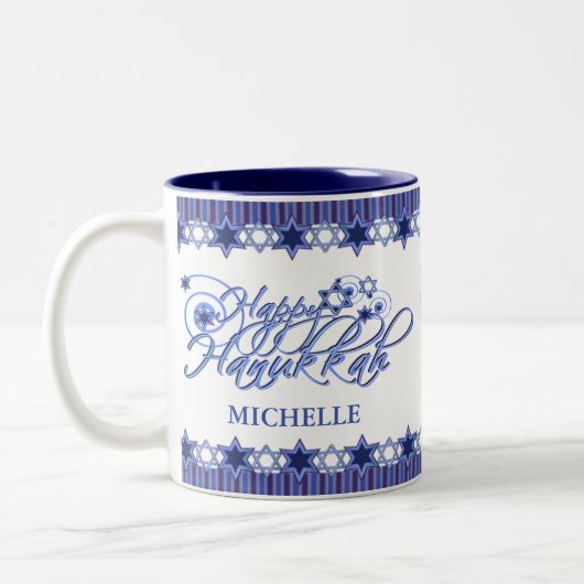 Gepersonaliseerde Blue Happy Chanoeka Star Tweekleurige Koffiemok (Links)