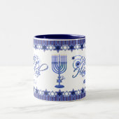 Gepersonaliseerde Blue Happy Chanoeka Star Tweekleurige Koffiemok (Center)