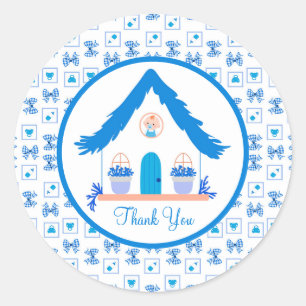 Gepersonaliseerde Blue House Dank u Baby shower Ronde Sticker