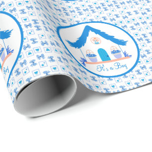 Gepersonaliseerde Blue House Het is een Baby showe Cadeaupapier
