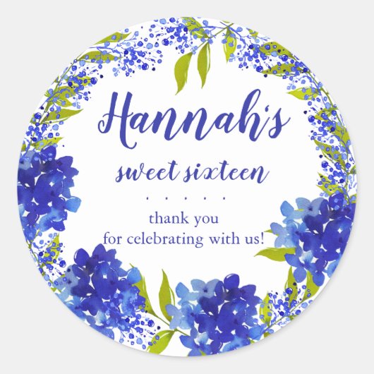 Gepersonaliseerde Blue Hydrangea Dank u Sweet Sixt Ronde Sticker (Voorkant)