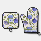 Gepersonaliseerde Blue Hydrangeas Floral Botanical Ovenwant & Pannenlap Set (Voorkant)