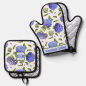 Gepersonaliseerde Blue Hydrangeas Floral Botanical Ovenwant & Pannenlap Set (Voorkant / Achterkant)