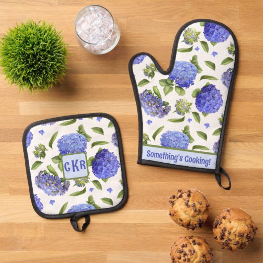 Gepersonaliseerde Blue Hydrangeas Floral Botanical Ovenwant & Pannenlap Set (Top down)