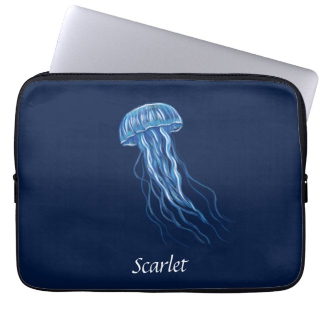 Gepersonaliseerde Blue Jellyfish illustratie ontwe Laptop Sleeve (Voorkant)