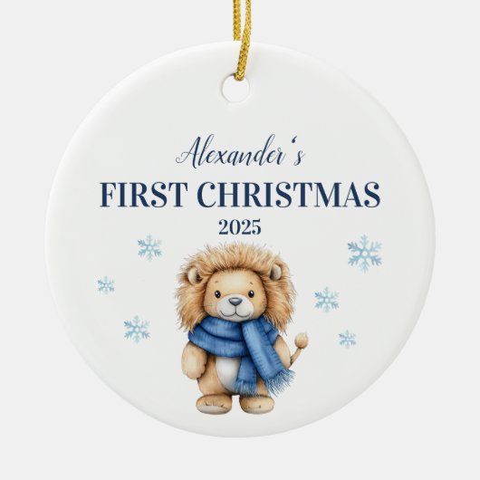 Gepersonaliseerde Blue Lion Baby Eerste Kerstdag Keramisch Ornament (Voorkant)