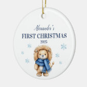 Gepersonaliseerde Blue Lion Baby Eerste Kerstdag Keramisch Ornament (Links)