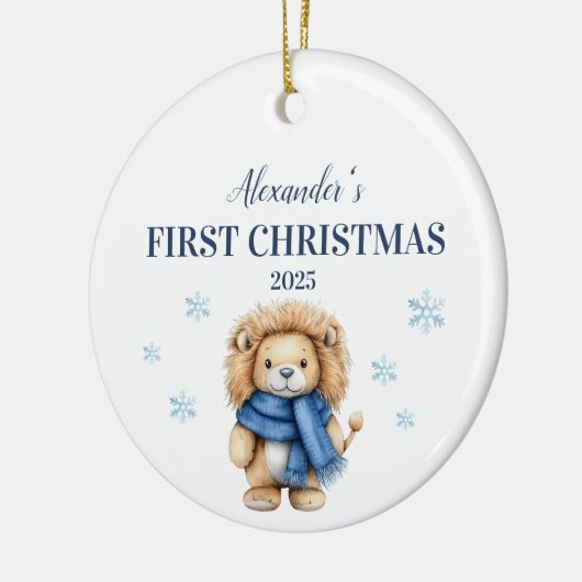 Gepersonaliseerde Blue Lion Baby Eerste Kerstdag Keramisch Ornament (Links)