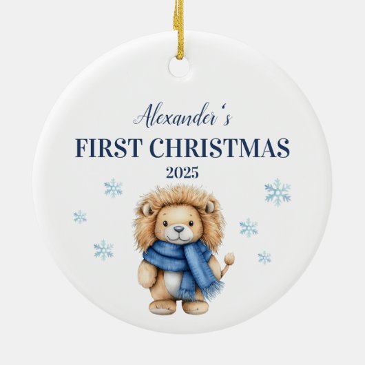 Gepersonaliseerde Blue Lion Baby Eerste Kerstdag Keramisch Ornament (Achterkant)