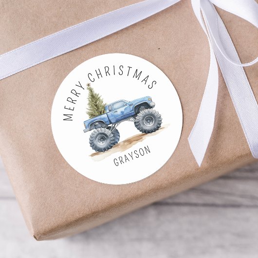 Gepersonaliseerde Blue Monster Truck Kerstcadeau Ronde Sticker