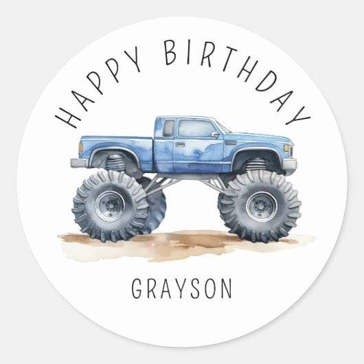 Gepersonaliseerde Blue Monster Truck Verjaardagsca Ronde Sticker (Voorkant)