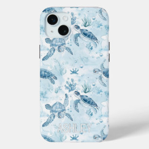 Gepersonaliseerde Blue Ocean onder het Zee Turtles iPhone 15 Mini Hoesje