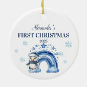 Gepersonaliseerde Blue Penguin Baby Eerste Kerstda Keramisch Ornament (Achterkant)