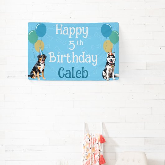 Gepersonaliseerde Blue Puppy Dog Verjaardag Paw-ty Spandoek (Insitu)