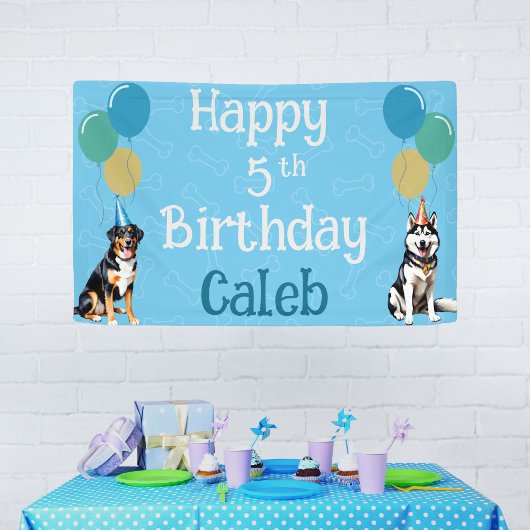 Gepersonaliseerde Blue Puppy Dog Verjaardag Paw-ty Spandoek