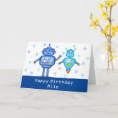 Gepersonaliseerde Blue Robots Happy Birthday Kaart (Gele Bloem)