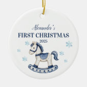 Gepersonaliseerde Blue Rocking Horse Eerste Kerstd Keramisch Ornament (Voorkant)