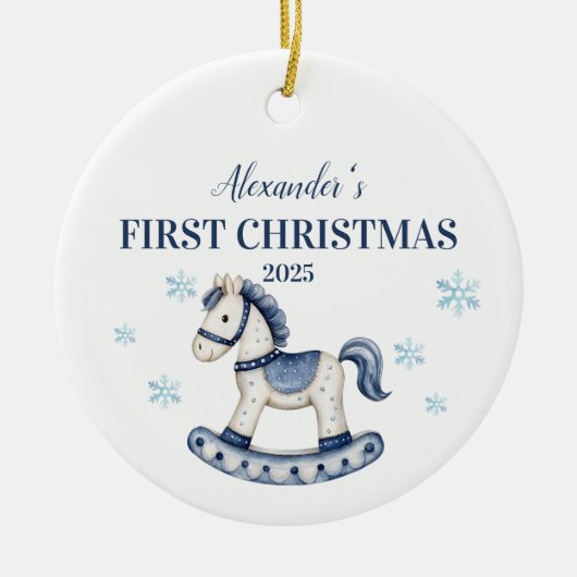Gepersonaliseerde Blue Rocking Horse Eerste Kerstd Keramisch Ornament (Voorkant)
