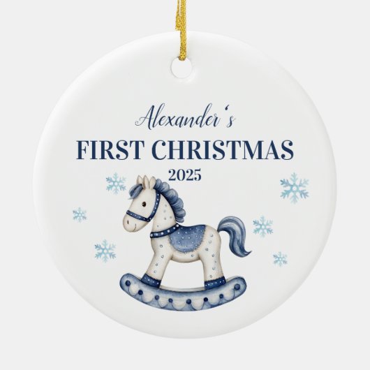 Gepersonaliseerde Blue Rocking Horse Eerste Kerstd Keramisch Ornament (Achterkant)