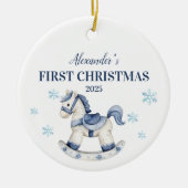 Gepersonaliseerde Blue Rocking Horse Eerste Kerstd Keramisch Ornament (Voorkant)